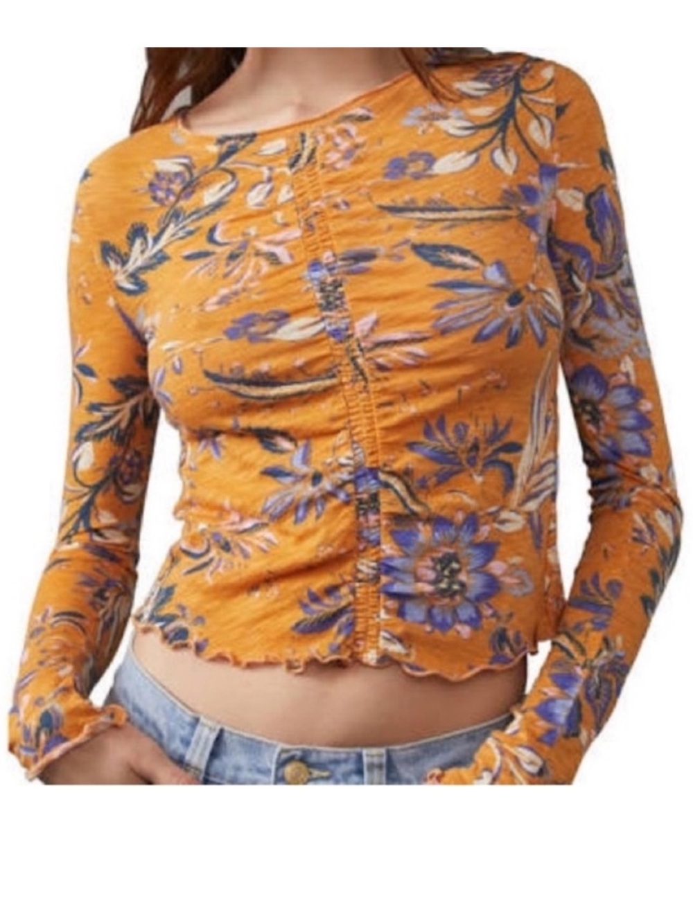 We The Free People XSmall Top Dreamed of You Floral Ruched in Honey Combo NWT